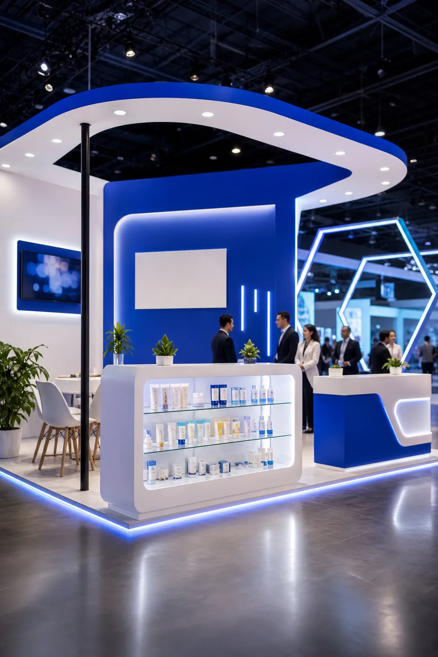 Premium exhibition booth with blue LED lighting