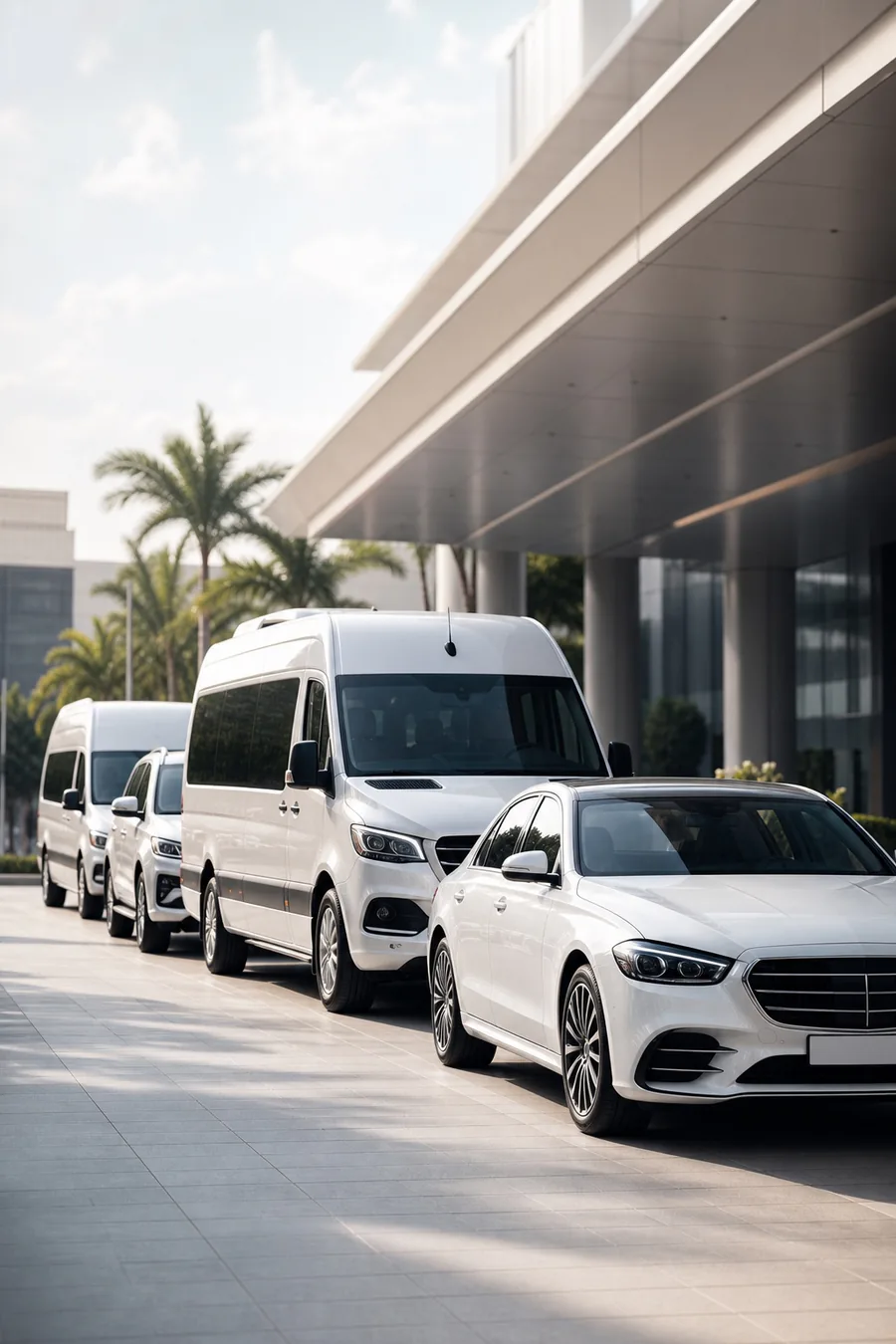 White executive cars and vans arranged outside a venue
