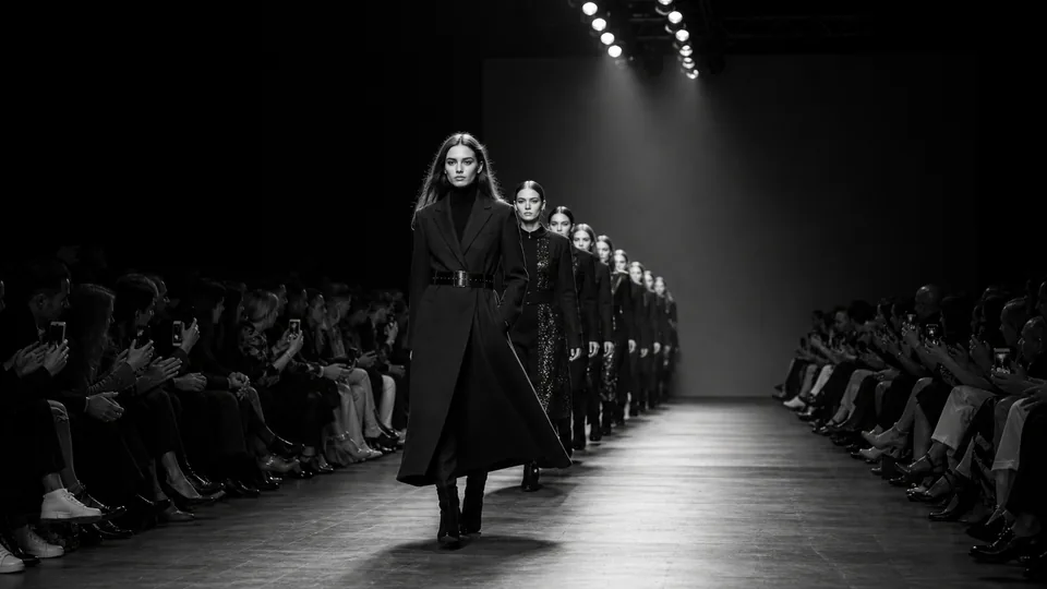 Fashion runway models walking on a ramp with audience